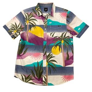 Vans Classic Fit button-down shirt with a vibrant tropical sunset beach print